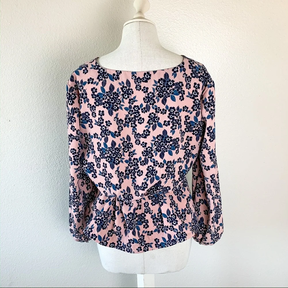 J. Crew Pink Floral V-Neck Faux Wrap Blouse